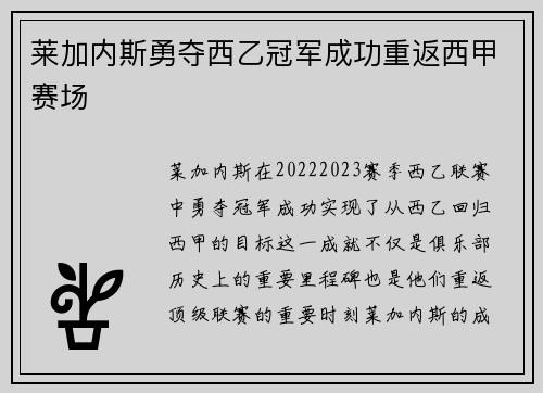莱加内斯勇夺西乙冠军成功重返西甲赛场 莱加内斯勇夺西乙冠军成功重返西甲赛场